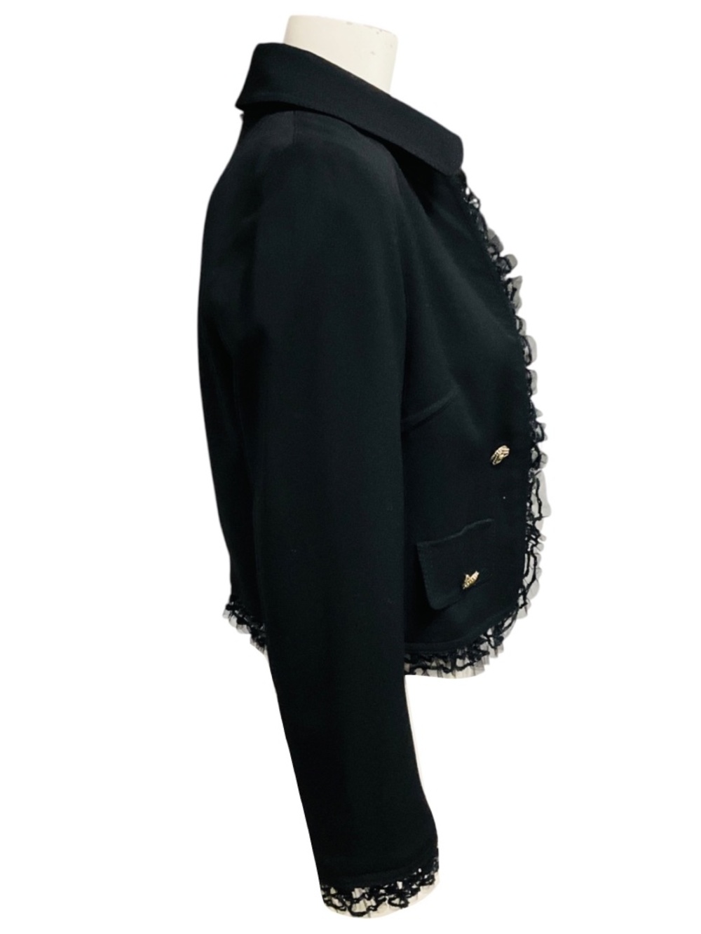 DOLCE & GABBANA BLACK SEQUINED MESH TULLE LACE TRIMMED CROPPED WOOL CREPE JACKET - Picture 2 of 5